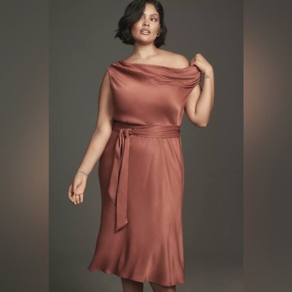 NWT Size S - Maeve Asymmetrical Tie-Waist Satin Midi Dress (NWT US$178) - Picture 10 of 16